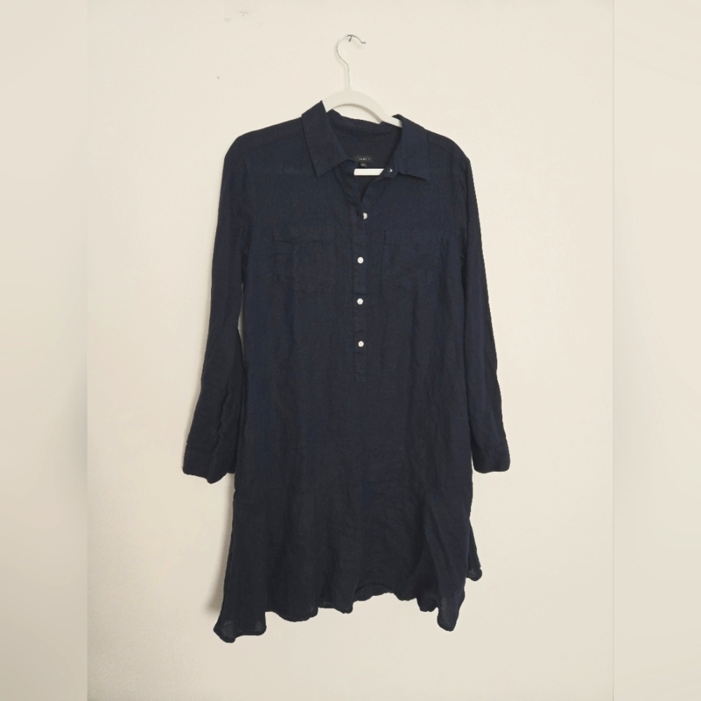 Talbots 100% Linen Navy Button-Up Shirt Dress Normcore Quiet Luxury | Size M